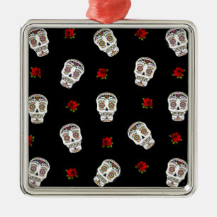 RAB Rockabilly Zucker Schädel Rosen auf Schwarz Ornament Aus Metall
