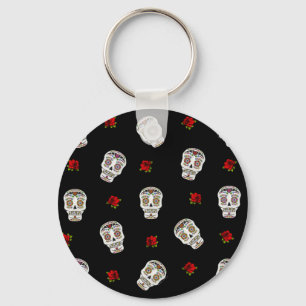 RAB Rockabilly Zucker Schädel Rosen Auf Schwarz Schlüsselanhänger