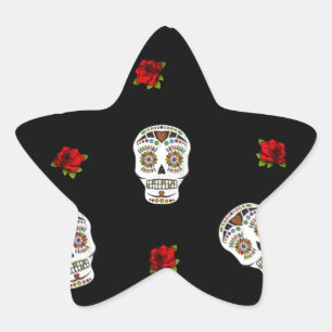 RAB Rockabilly Zucker Schädel Rosen auf Schwarz Stern-Aufkleber