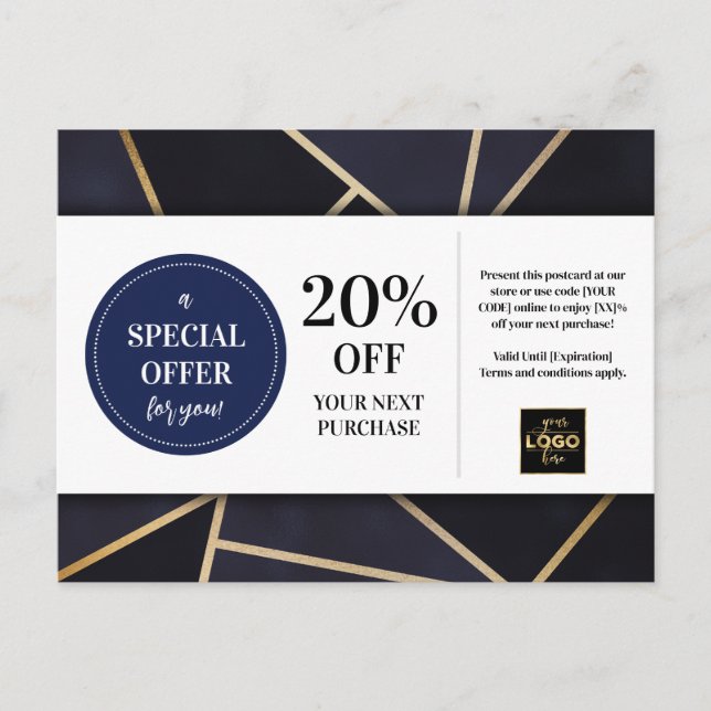 Rabatt auf den geometrischen Coupon für Navy Blue  Postkarte (Vorderseite)