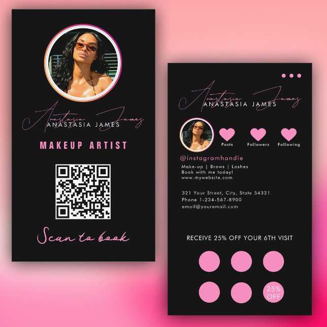 Rabatt für kleine Unternehmen QR-Code für Loyalitä Visitenkarte (Small Business Discount Loyalty QR Code Black Pink Business Card)