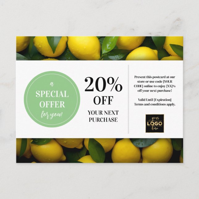 Rabatt für Lemons mit benutzerdefiniertem Coupon Postkarte (Vorderseite)