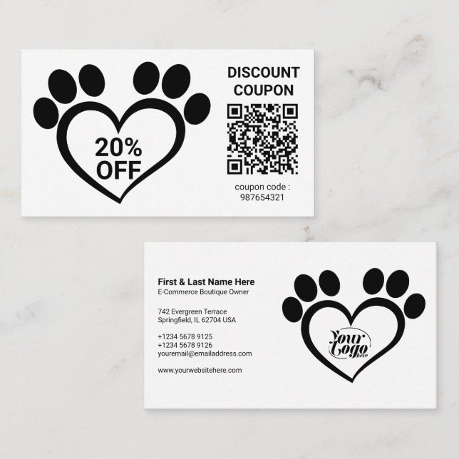 Rabattcoupon QR Code Pet Paw Visitenkarte (Vorne/Hinten)