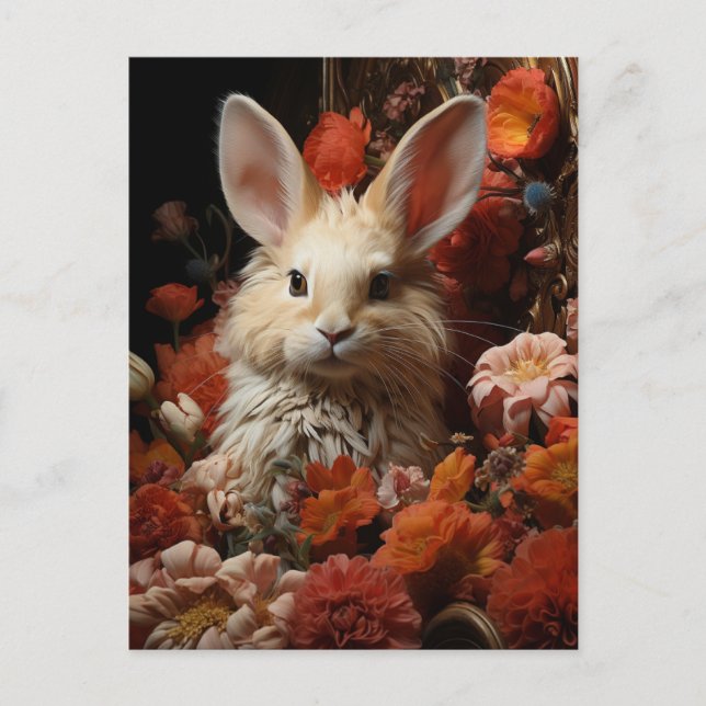 Rabbit adorable avec Fleurs Carte postale (Devant)