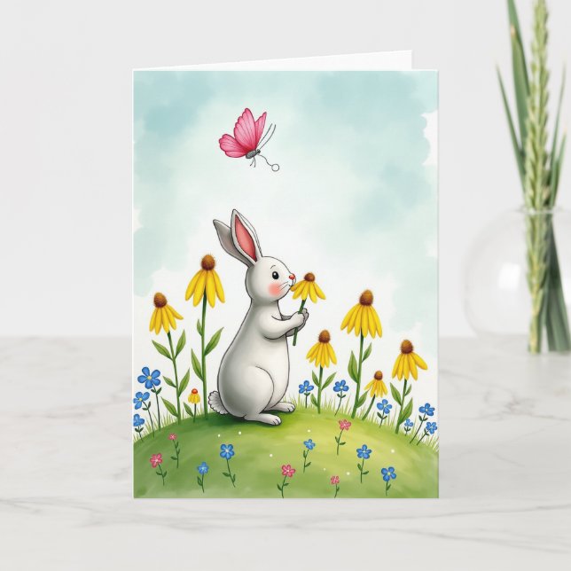 Rabbit And Flowers Cute Scene Card Karte (Vorderseite)