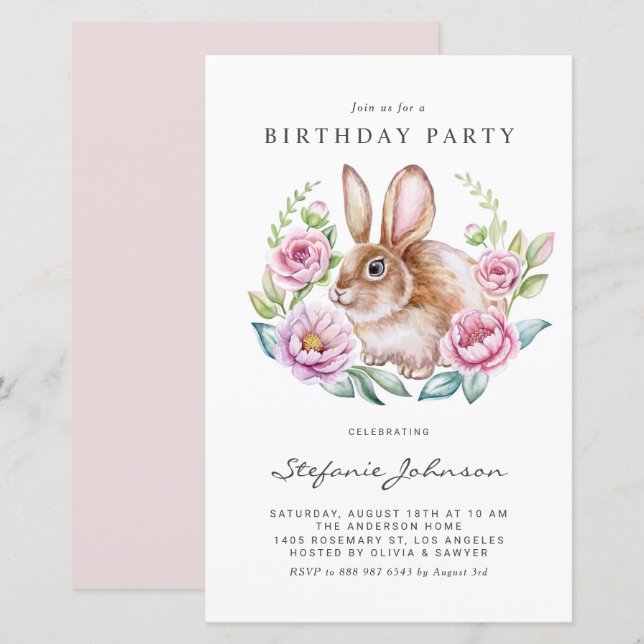 Rabbit and Pink Flowers Birthday Party Invitation (Vorne/Hinten)