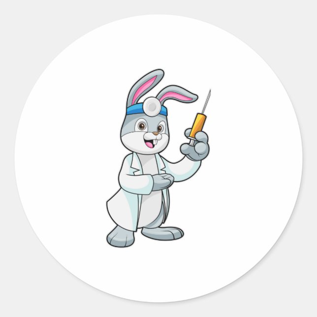 Rabbit as Doctor at Vaccination with Syringe Runder Aufkleber (Vorderseite)