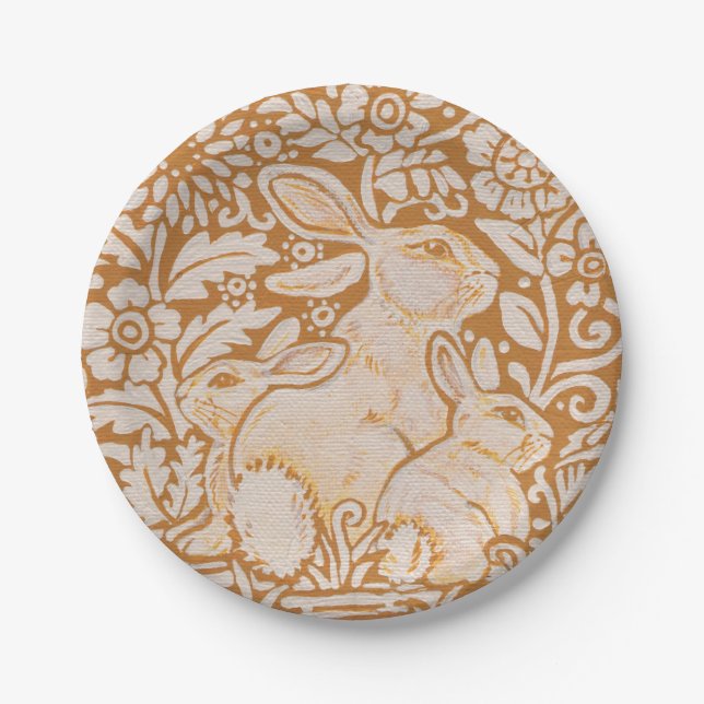 Rabbit Baby Bunnies Golden Yellow Woodland Art Pappteller (Vorderseite)
