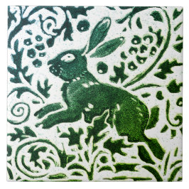 Rabbit Batik Modernes grünes blaues Blumenwald Fliese