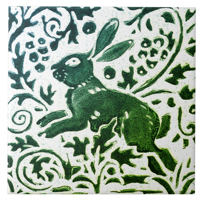 Rabbit Batik Modernes grünes blaues Blumenwald Fliese (Vorderseite)