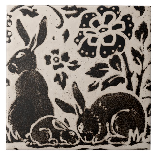 Rabbit Batik Stoneware Woodland Animal Tan Brown Fliese (Vorderseite)
