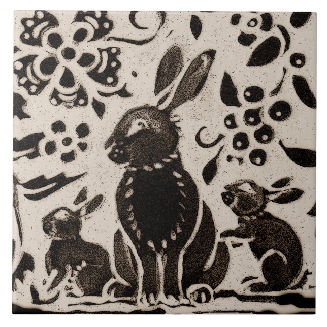 Rabbit Batik Stoneware Woodland Animal Tan Brown Fliese (Vorderseite)