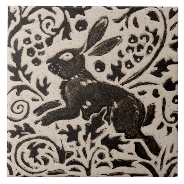 Rabbit Batik Stoneware Woodland Animal Tan Gray Fliese (Vorderseite)