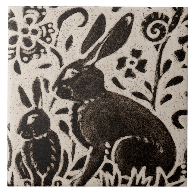 Rabbit Batik Woodland Animal Tan Grau Brown Floral Fliese (Vorderseite)