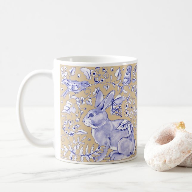 Rabbit Bird Blue Tan Elegant Flora Tierart Kaffeetasse (Mit Donut)