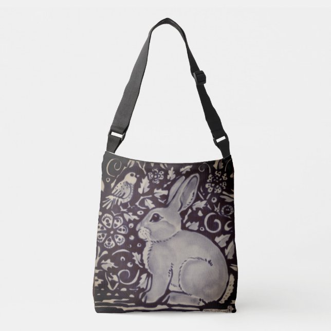 Rabbit Bird Vines Dark Indigo Toned Shopping Tasch Tragetaschen Mit Langen Trägern (Vorderseite)