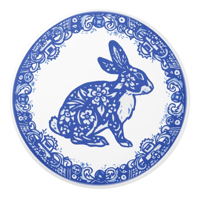 Rabbit Blau & Weiß Design Niedliche Sonnengegenden Keramikknauf (Vorderseite)