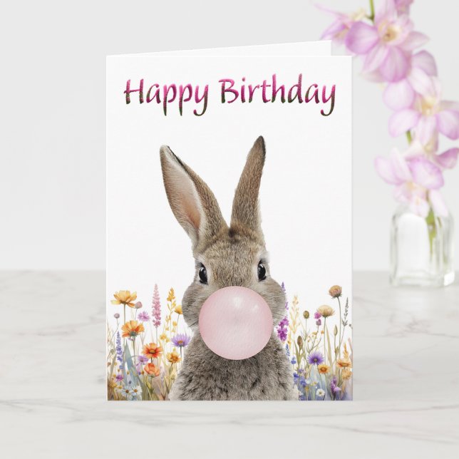 Rabbit Blowing Pink Bubble gum Happy Birthday Karte (Orchidee)