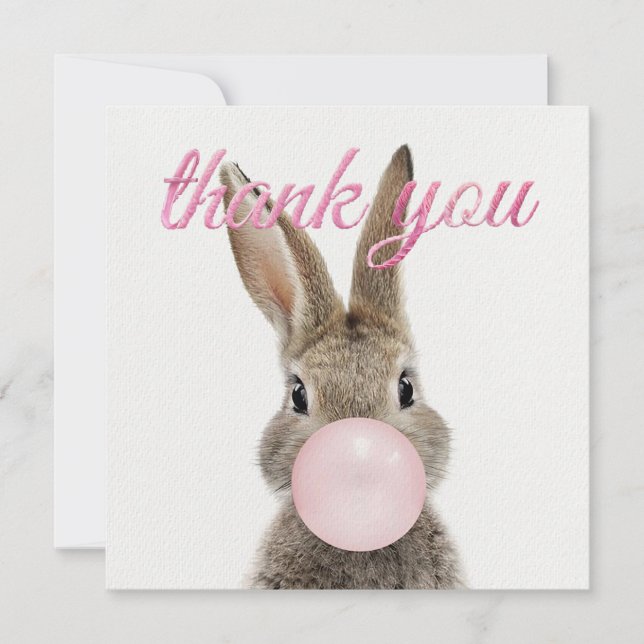 Rabbit Blowing Pink Bubble gum Thank you Dankeskarte (Vorderseite)
