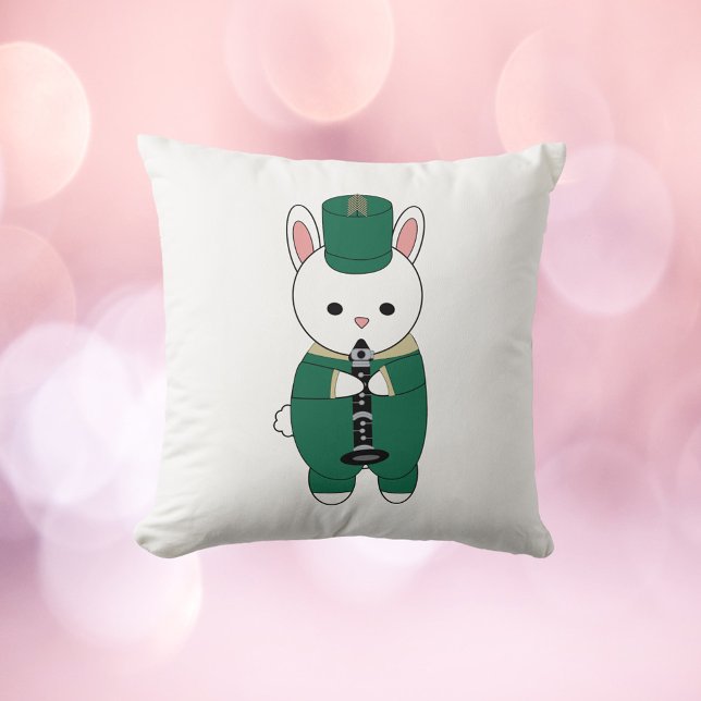 Rabbit Bunny Clarinet Marching Band Green Gold Kissen (A throw pillow with a rabbit playing the clarinet while wearing a green & gold marching band uniform)