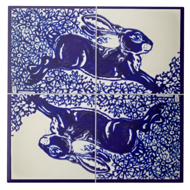 Rabbit Bunny Floral Navy Blau Zeichnend Elegant Fliese (Vorderseite)
