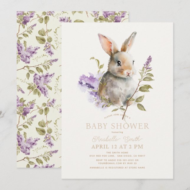 Rabbit Bunny Lila Lilac Floral Baby Dusche Einladung (Vorne/Hinten)