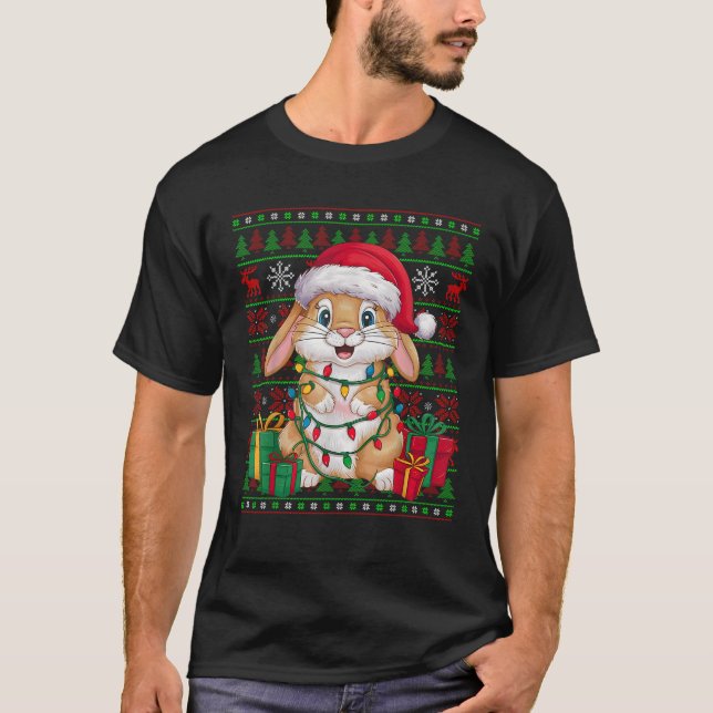 Rabbit Bunny Xmas Lights Ugly Weihnachtsmannmütze  T-Shirt (Vorderseite)
