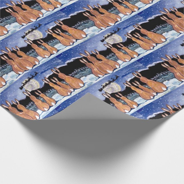 Rabbit Familie beobachtet Santa Moon Blue Geschenk Geschenkpapier (Ecke)