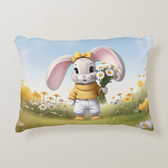 Rabbit holding bouquet of white daisies dekokissen (Vorderseite)