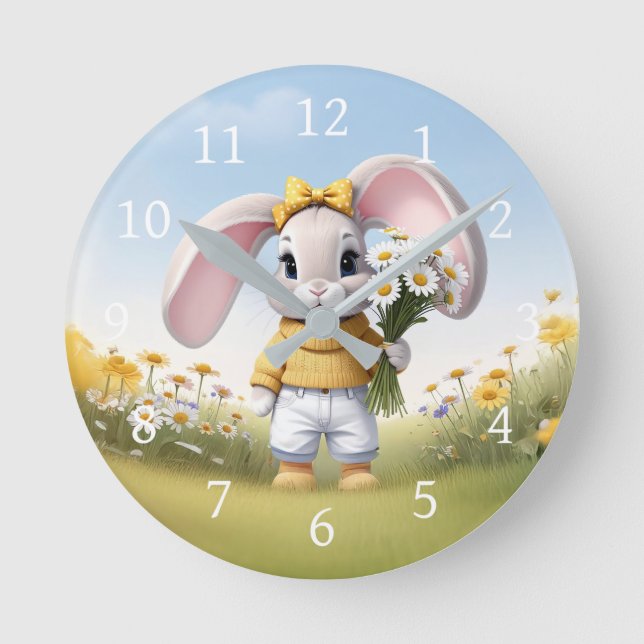 Rabbit holding bouquet of white daisies runde wanduhr (Vorderseite)