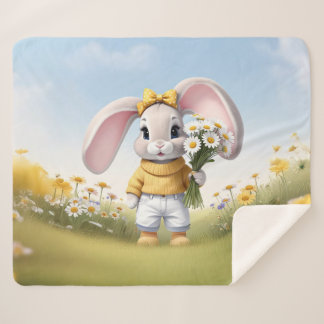 Rabbit holding bouquet of white daisies sherpadecke