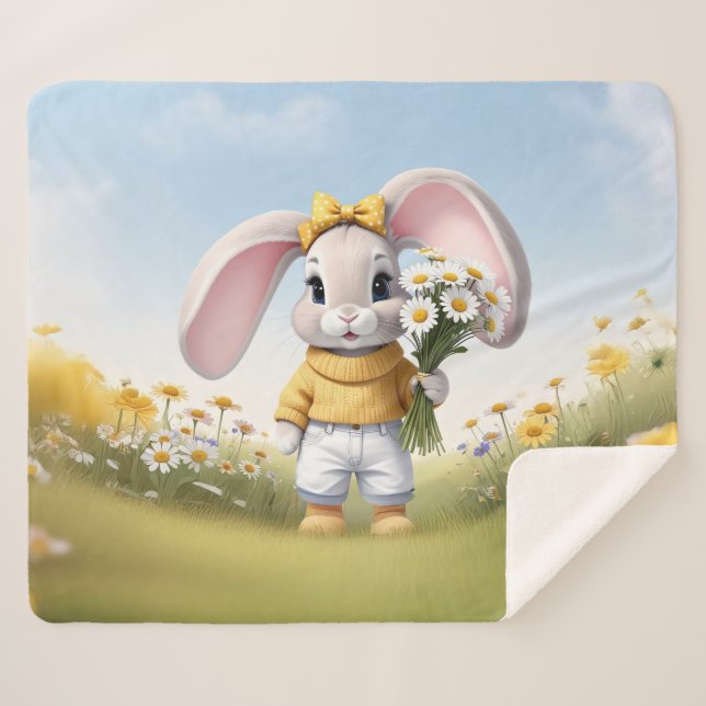 Rabbit holding bouquet of white daisies sherpadecke (Vorderseite (Horizontal))