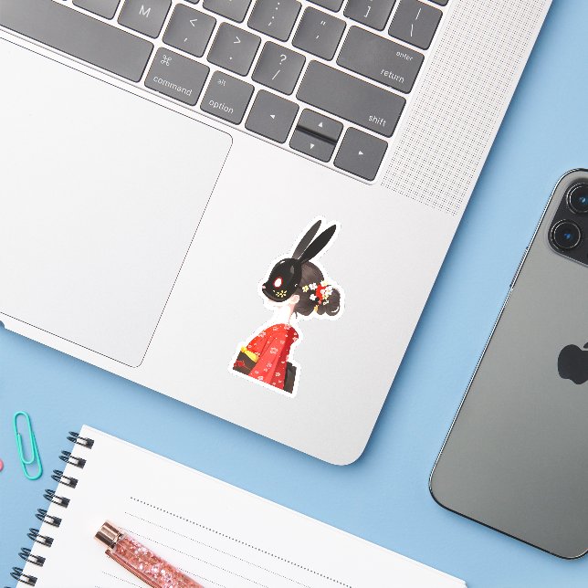 Rabbit Mask Kimono Girl – Dark Kawaii Aufkleber (Laptop mit iPhone)