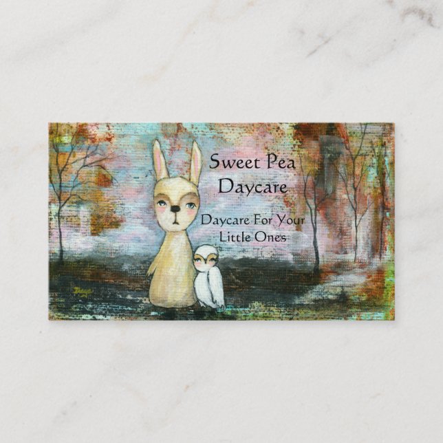 Rabbit Owl Woodland Creatures Daycare Babysitter Visitenkarte (Vorderseite)