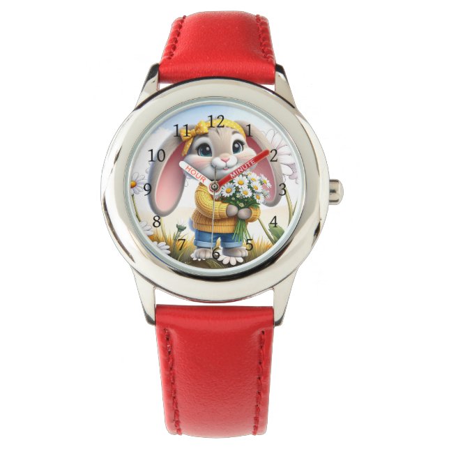 Rabbit pink ears white daisies armbanduhr (Vorderseite)