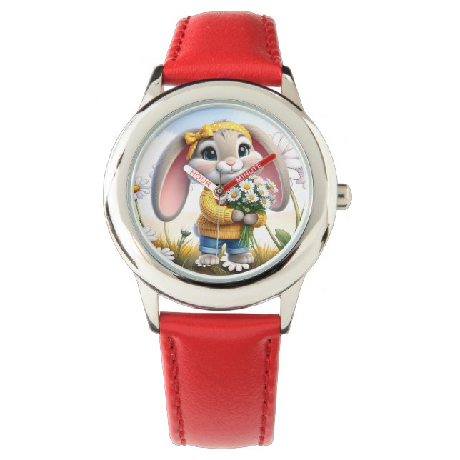 Rabbit pink ears white daisies armbanduhr (Vorderseite)