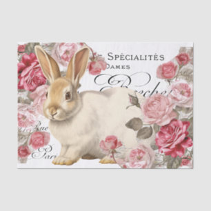 Rabbit Pink Rose Blume Französisch Script Decoupag Seidenpapier