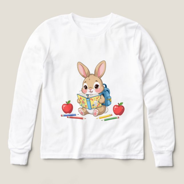 Rabbit reading a book, pencils, apple (Design Vorderseite)