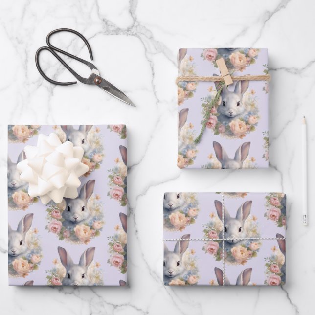 Rabbit Surrounded by Pastel Flowers Cute Pattern Geschenkpapier Set (Vorderseite)