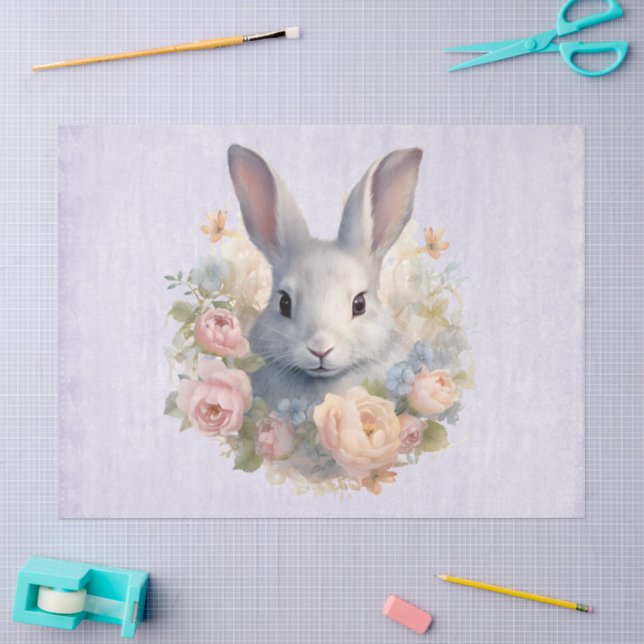 Rabbit Surrounded by Pastel Flowers Cute Seidenpapier (Basteln)