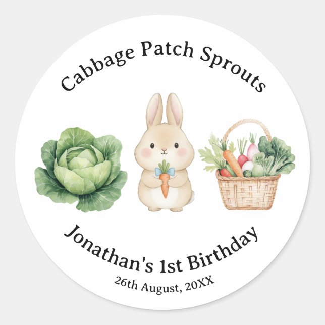  Rabbit Veggie Basket First Birthday Favor Runder Aufkleber (Vorderseite)