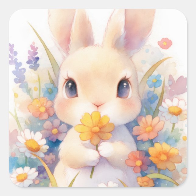 Rabbit with Yellow Flower and Spring Wildflower Quadratischer Aufkleber (Vorderseite)