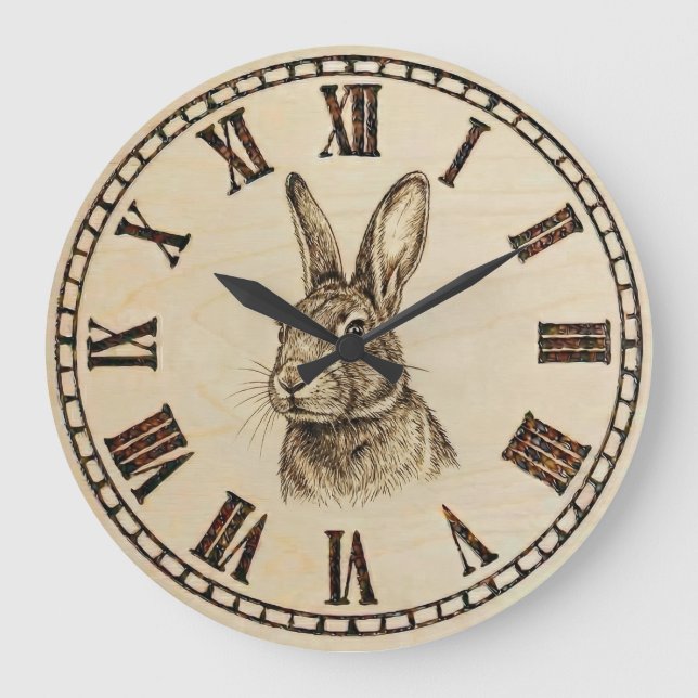 Rabbit Wooden Wall Clock Große Wanduhr (Vorderseite)