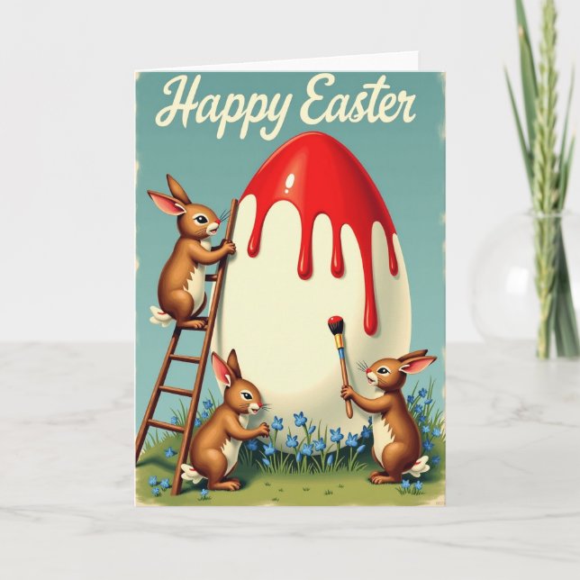 Rabbits Painting Egg Springtime Card Karte (Vorderseite)