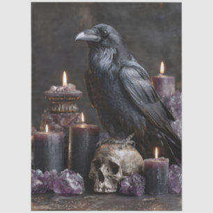Rabe auf Totenkopf mit Kerzen und Amethyst-Kristal Seidenpapier