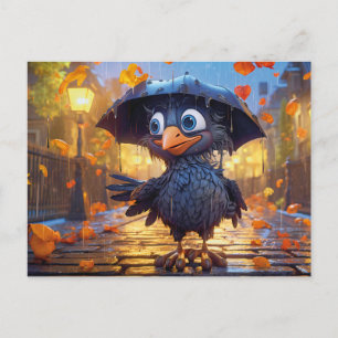 Rabe in regnerischer Herbststraße mit Regenschirm Postkarte