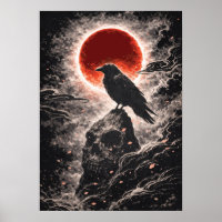Rabe Krähe auf Totenkopf-Felsen bei Rotem Mond, Ja