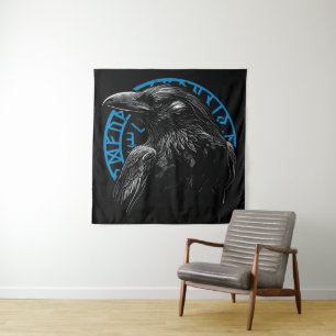Rabe mit nordischen Runen - Dark Art Wandteppich