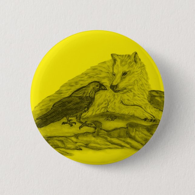 Rabe mit Wolf schwarz gelb Design Button (Vorderseite)