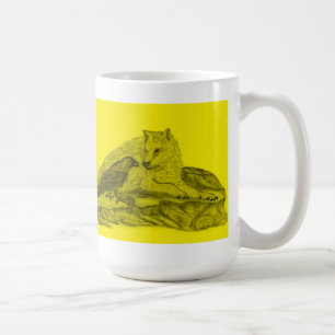 Rabe mit Wolf schwarz gelb Design Kaffeetasse